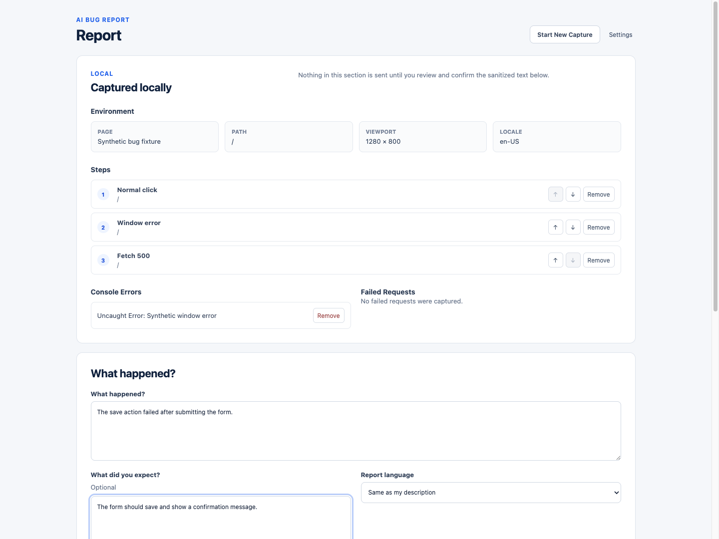 ReproScribe Review page showing sanitized browser evidence and a generated Markdown report